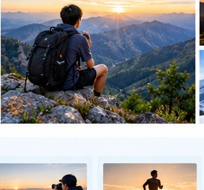 Hiker looking across mountain ranges at sunset